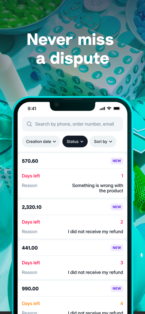 Mobile Benutzeroberfläche der Tabby Business App, die eine Liste von Kundenstreitigkeiten mit Gründen und Fristen anzeigt
