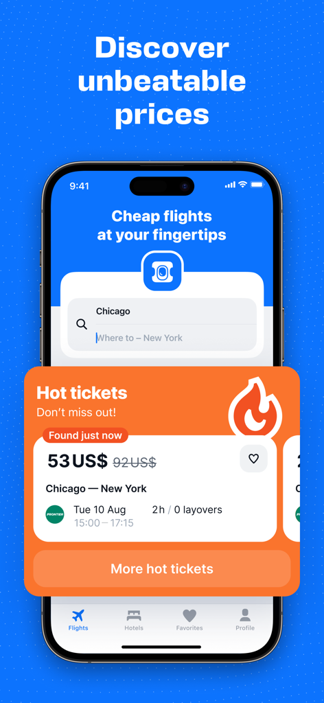 Aviasales — Book cheap flights - Aviasales 모바일 앱 화면, 저렴한 항공권 특가 및 인기 티켓 표시