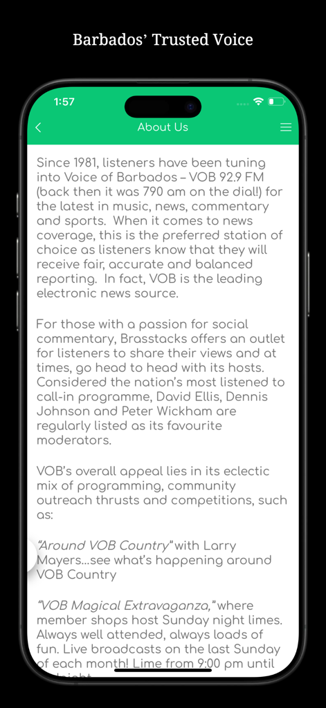 Voice Of Barbados - About Us section of the Voice of Barbados app featuring station history and programming information