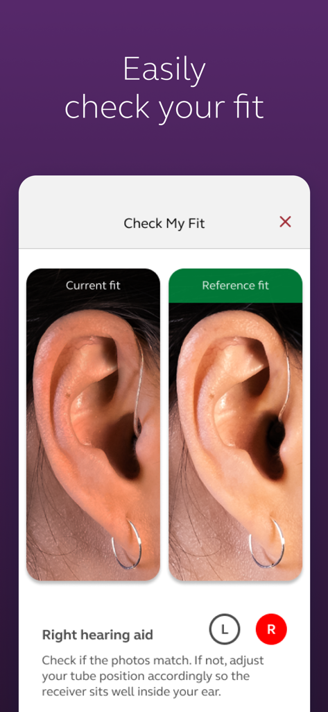 Screenshot of the BeMore app's Check My Fit feature comparing current and reference hearing aid positions in the ear.