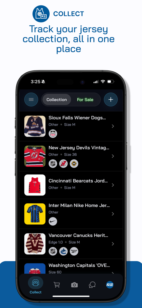 A smartphone showing a digital list of authenticated sports jerseys in the Rebound app collection.