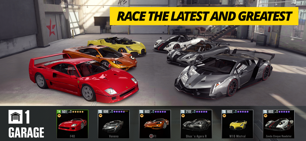 A garage filled with realistic 3D models of licensed supercars in CSR 2.