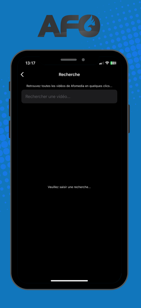 Search screen of the AFO MEDIA app for finding African news and documentaries