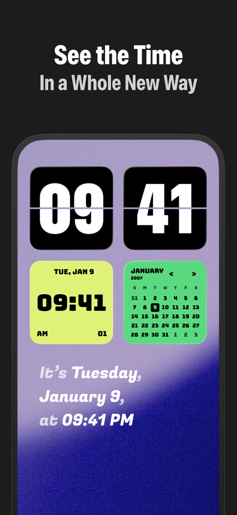 iPhone screen showcasing different aesthetic time and calendar widgets including a flip clock and digital date display.