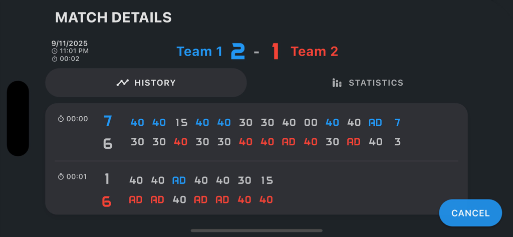 Padel scoreboard - Detailed point history and match results view in the Padel scoreboard app