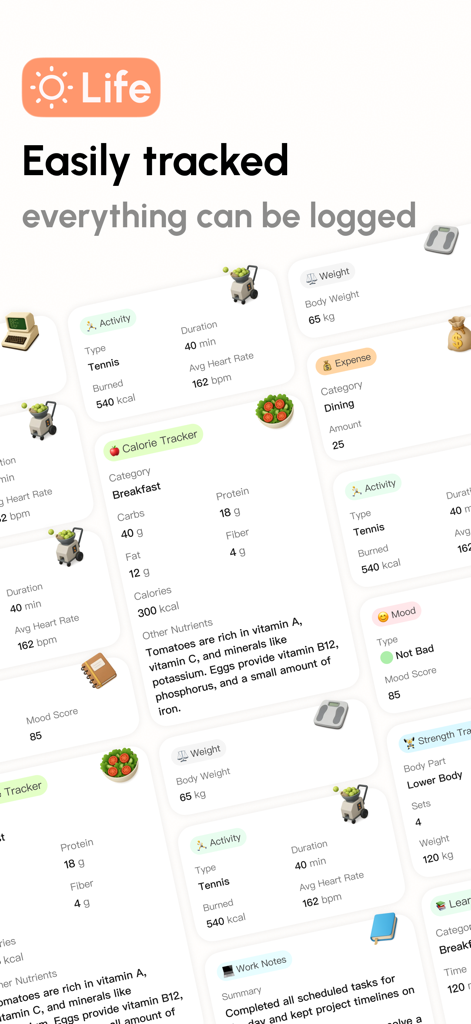 Sparky - Planner and Journal - A collection of digital tracking cards for activity, nutrition, mood, and expenses within the Sparky app interface
