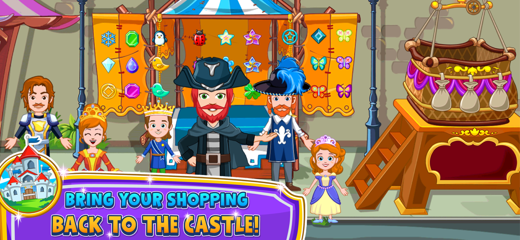 Characters from My Little Princess Stores Game at a market stall with a hot air balloon
