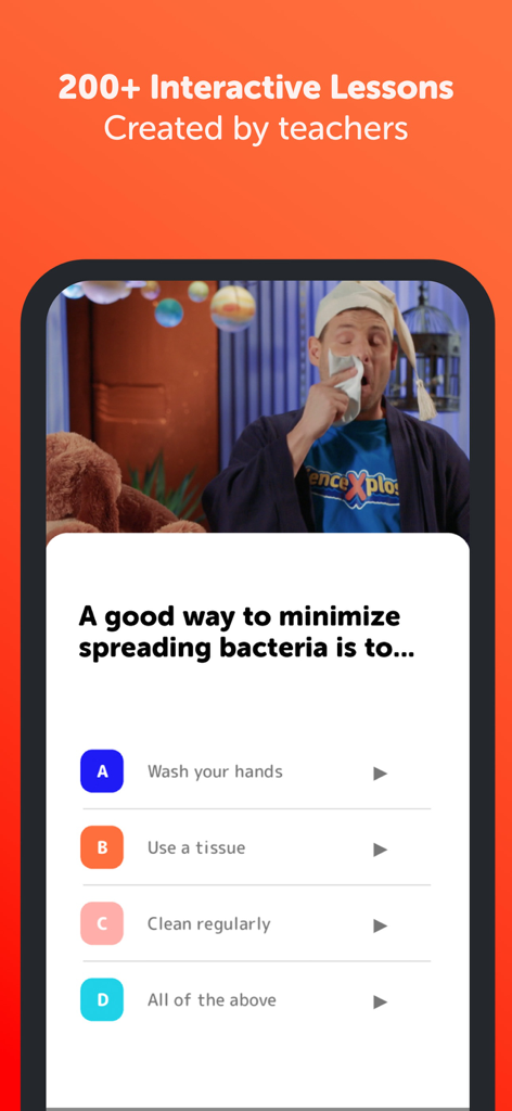 Capture d'écran d'un quiz scientifique interactif dans l'application Da Vinci demandant comment minimiser la propagation des bactéries avec du contenu créé par des enseignants