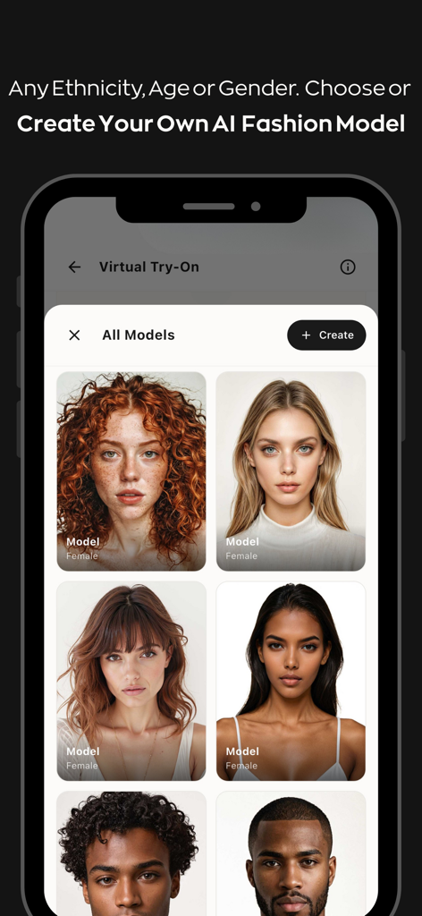 AI Fashion Studio Maker:Fashio - Mobile app interface displaying a variety of diverse AI fashion models for selection