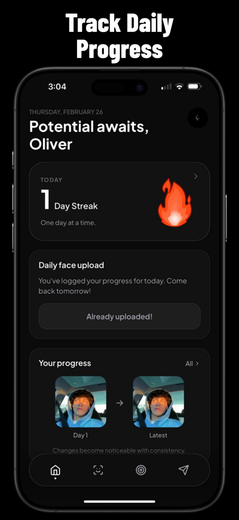 A mobile screen from Potential AI showing a user's daily progress tracker, a one day streak flame icon, and a facial photo comparison between day one and the latest upload.