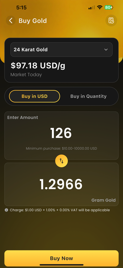24k X Gold - Una captura de pantalla de la aplicación 24k X Gold que muestra la interfaz de compra de oro con el precio por gramo y la conversión de USD a gramos