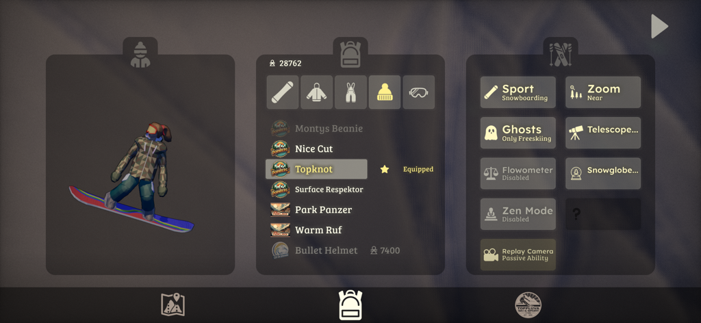 Grand Mountain Adventure 2 - Schermata di personalizzazione del personaggio in Grand Mountain Adventure 2 che mostra uno snowboarder con varie opzioni di equipaggiamento e abbigliamento.