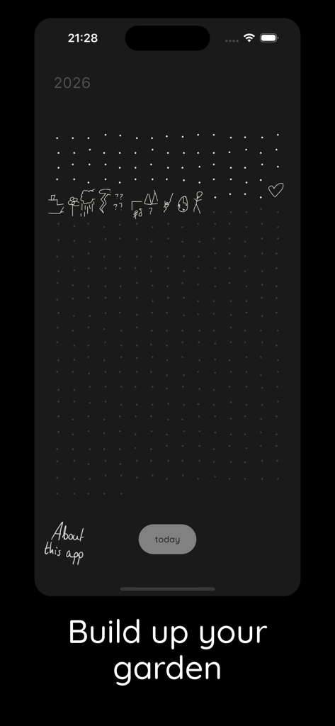chalk: daily drawing journal - A dark screen interface showing a minimalist grid of small hand drawn doodles representing daily journal entries in the Chalk app
