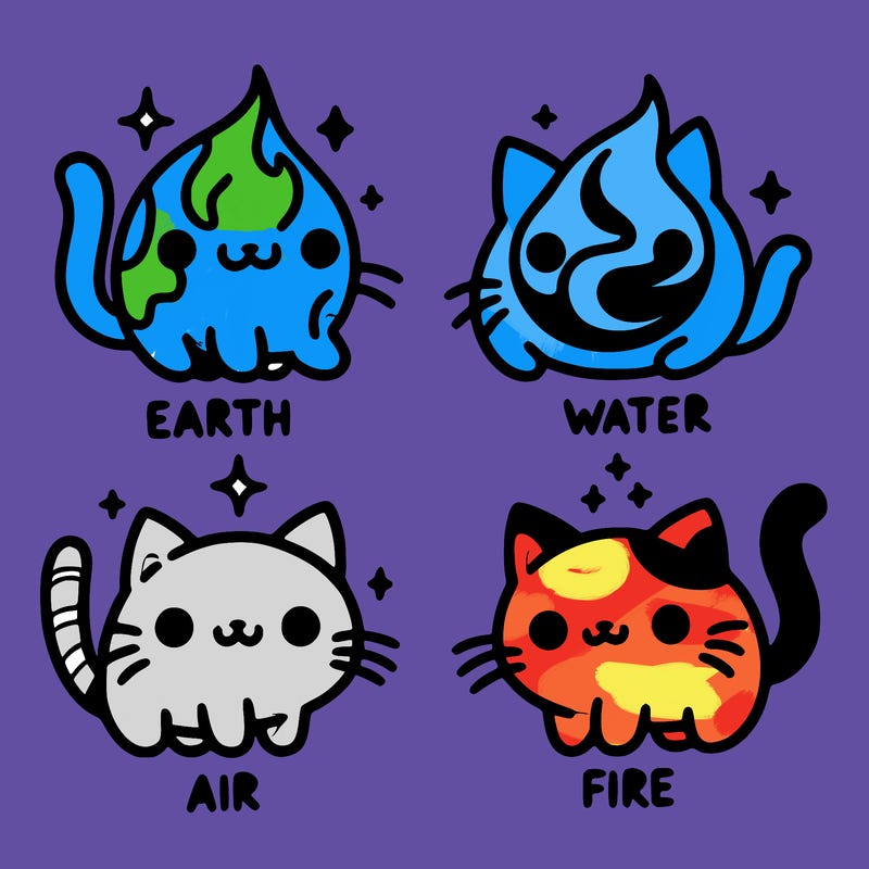 4 cats that represent the different elements, earth, water, air, and fire