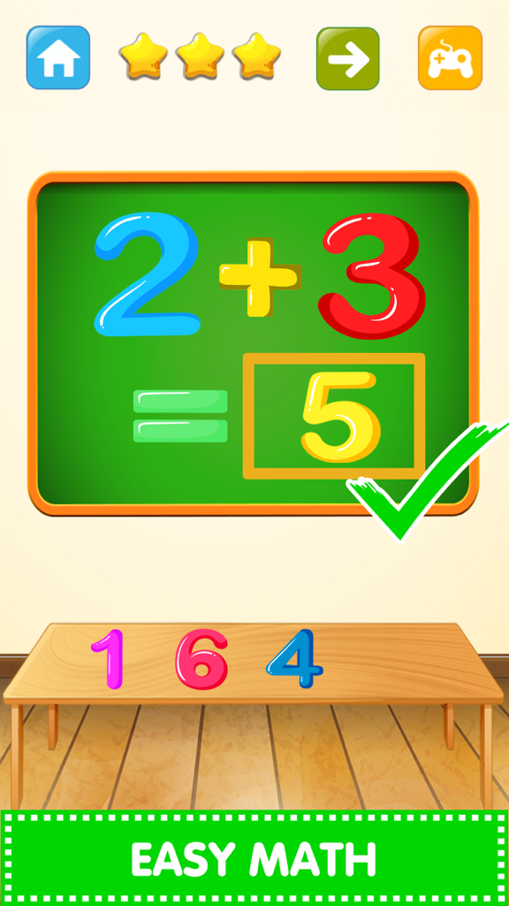 Basic Math Solver app interface showing an addition problem and correct answer on a chalkboard