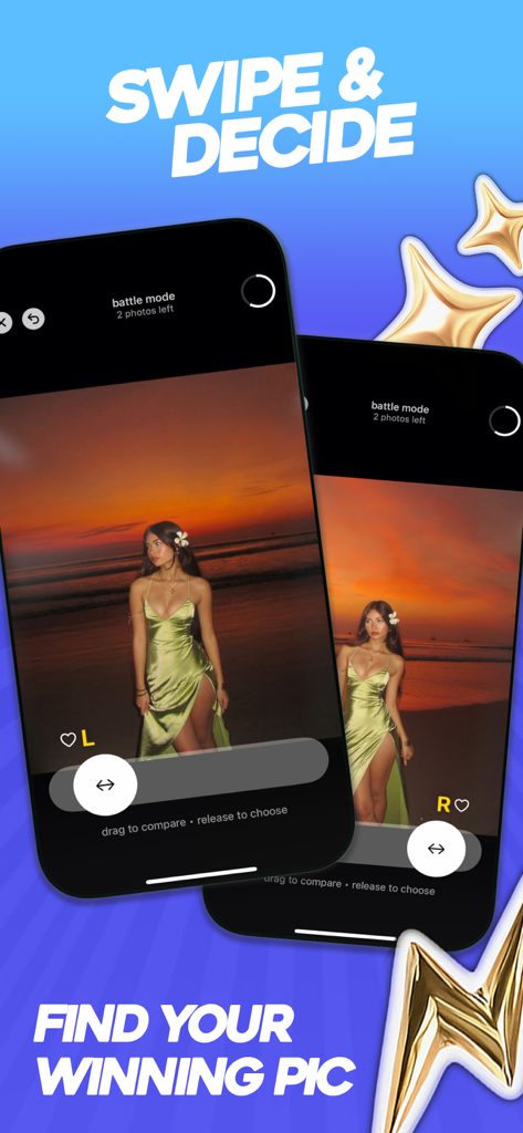 Hotshot App-Oberfläche zeigt einen 1-gegen-1-Fotokampfmodus zum Vergleichen von Selfies und Auswählen des besten Shots