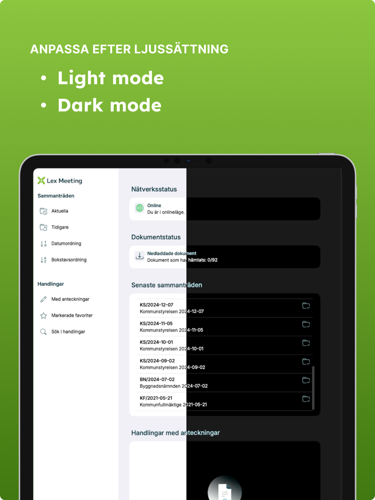Una pantalla dividida que muestra la aplicación Nya Lexmeeting en iPad en temas de modo claro y oscuro.