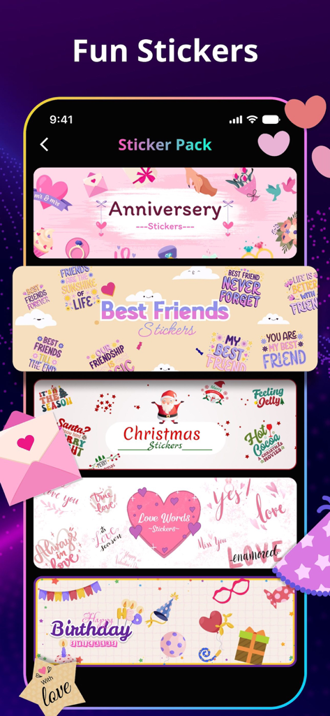 LED Keyboard - Fonts & Themes - Display of various fun sticker packs including birthday and love themes in the LED Keyboard app