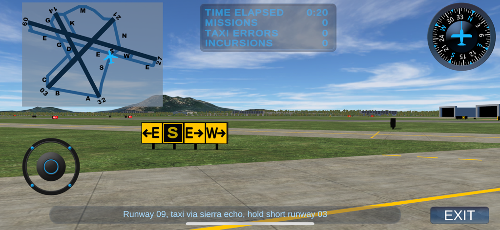 Taxiway Madness - A flight simulation interface with airport signage and a navigation map for pilot training