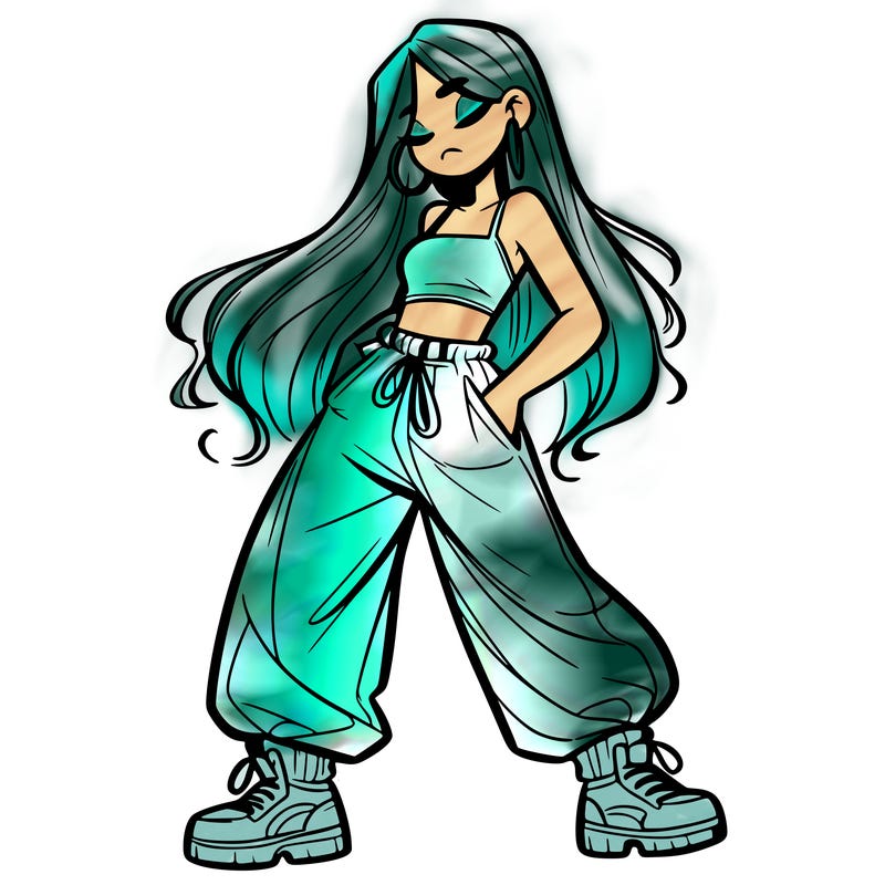 girl in baggy pants crop top and long hair