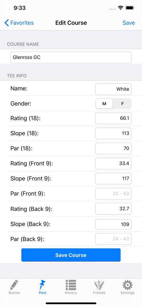 Golf Handicap Tracker & Scores - Edit course screen showing form fields for golf course name, tee info, rating, slope, and par