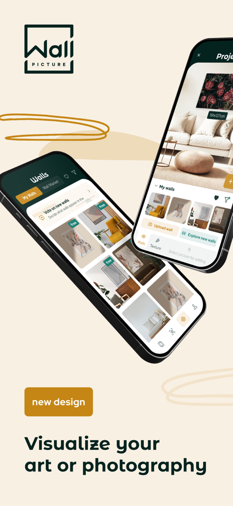 WallPictureApp: Show Anything - Dos pantallas de móvil que muestran plantillas de maquetas de arte y una visualización de salón
