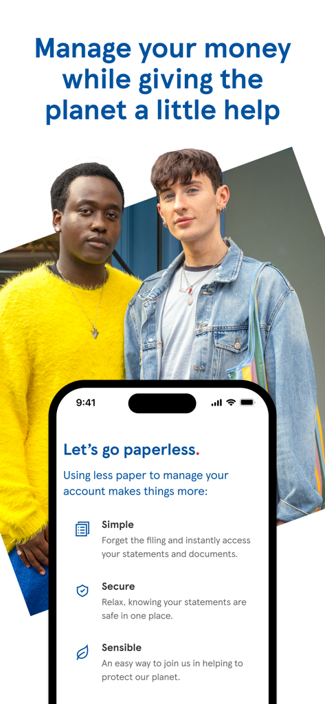 Tesco Bank app screen promoting paperless account management for a more simple and secure banking experience