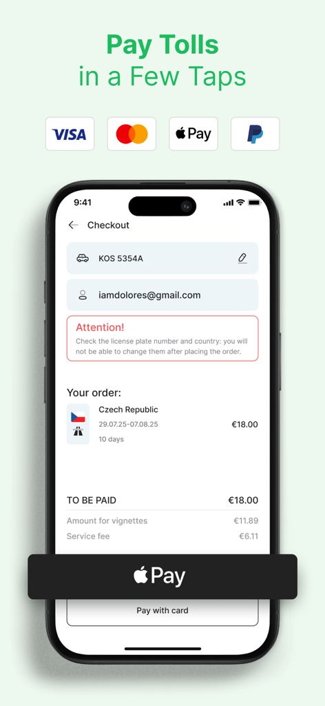 eTOLLs EU: Digital Vignettes - Checkout screen of eTOLLs EU app showing a digital vignette purchase for Czechia with Apple Pay
