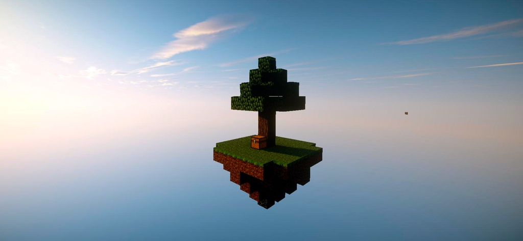 One Block Maps for Minecraft - 작은 마인크래프트 떠 있는 섬에 단일 나무와 상자가 있음