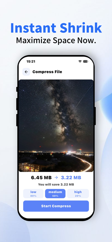 Ai Clean Master: Free Up Space - Interface of Ai Clean Master showing a photo being compressed from 6.45 MB to 3.22 MB to save storage space.