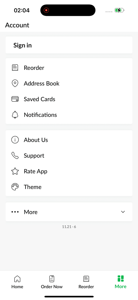 Screenshot of the account settings page in the VINNS Takeaway app with options for sign in, reorder, address book, and support
