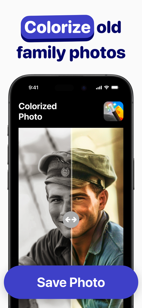 Colorize Black & White Photo - Before and after comparison of a colorized vintage family photo in the app interface