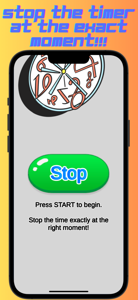 STOP!!TIMER!!! - Schermata di gioco mobile intitolata "ferma il timer al momento esatto" con un pulsante verde di arresto.