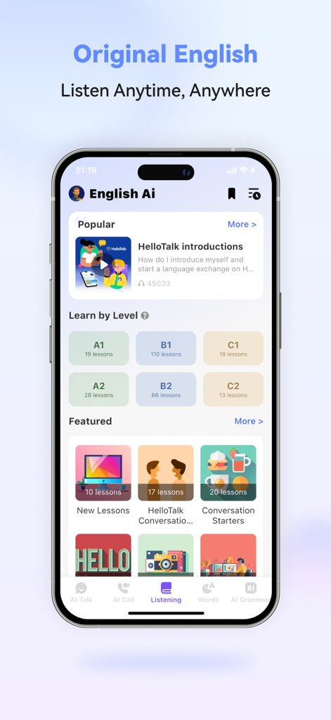 CEFR 언어 수준 및 듣기 수업을 보여주는 영어 학습 앱 인터페이스