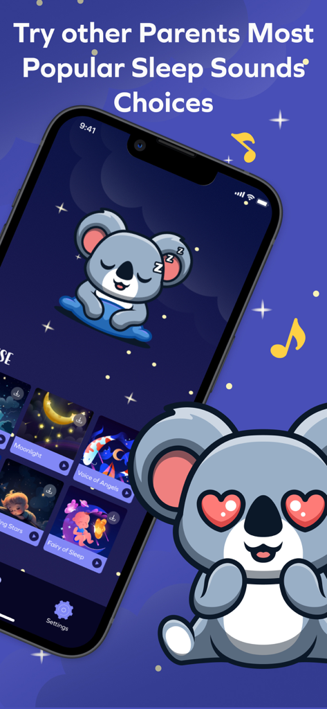 Koko Koala: Baby White Noise - Interfaz de la aplicación Koko Koala que muestra una lista de sonidos populares para dormir bebés como Luz de Luna y Hada del Sueño