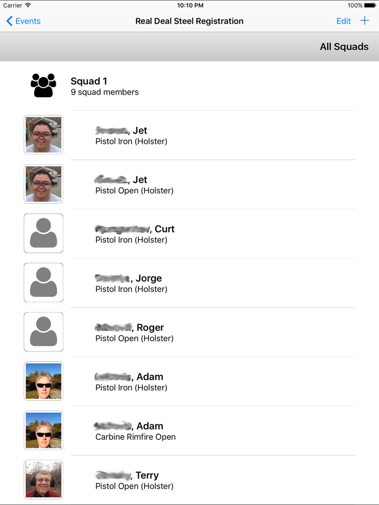 Steel Scoring - Steel Scoring app squad registration list showing member names and shooting divisions on an iPad