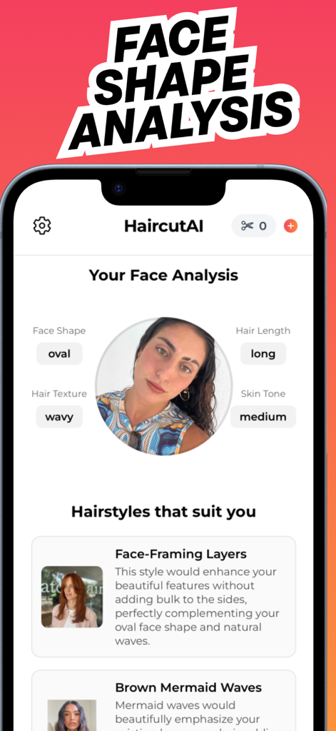Haircut AI: Haircut Try On - Pantalla de la aplicación móvil que muestra análisis facial por IA con forma de cara y recomendaciones de peinado