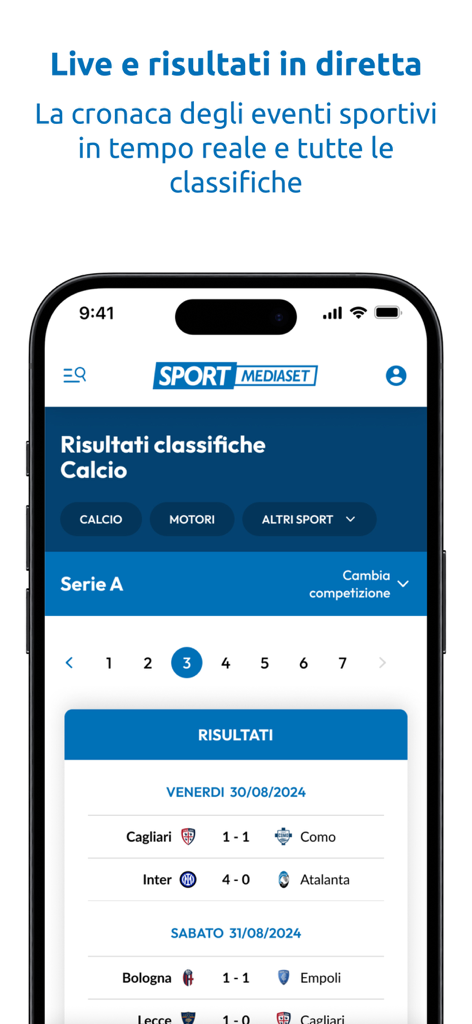 SportMediaset - Interfaz de la aplicación SportMediaset mostrando marcadores de fútbol de la Serie A en vivo y clasificaciones de partidos