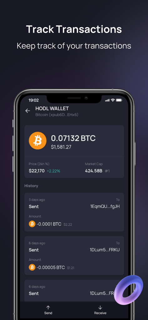 Mobile app screen for Enjin wallet displaying Bitcoin balance and transaction history.
