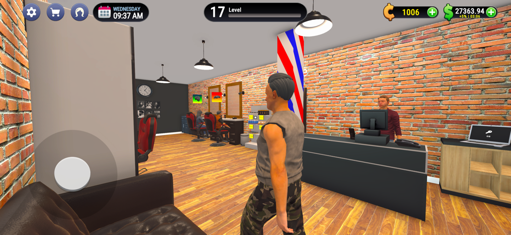 Hair Salon Simulator 3D - A 3D hair salon interior with a reception desk and stylists working at stations.