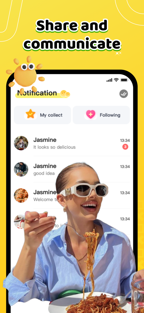 Seeya - Interfaz de la aplicación Seeya mostrando notificaciones sociales y una joven disfrutando de un plato de pasta