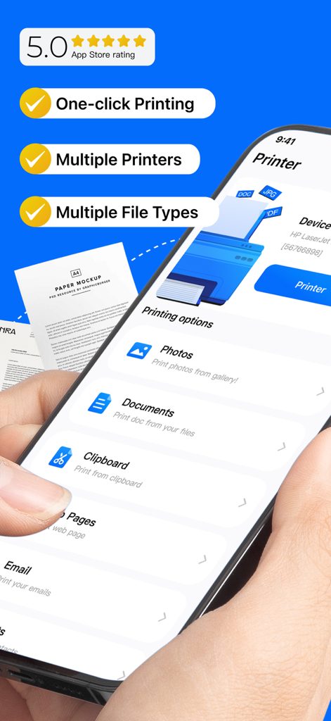 Printer App: All-in-One - Printer App All-in-One interface on an iPhone showing one-click printing and multiple file type support