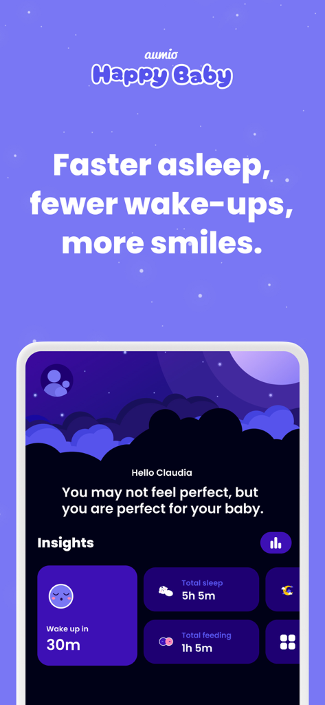 Happy Baby - Sleep & Tracker - Smartphone displaying the Happy Baby app dashboard with sleep and feeding insights on a dark night theme