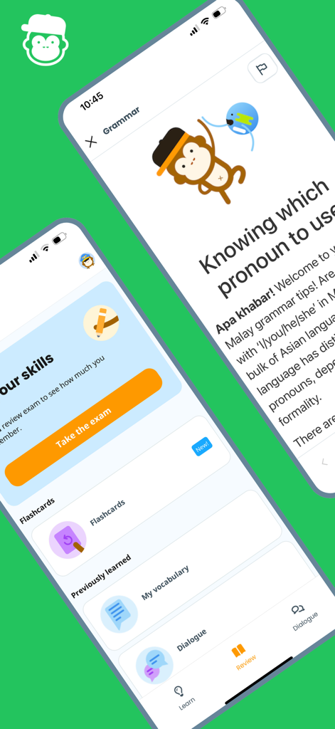 Two mobile screens from the Ling app displaying a Malay grammar lesson and a review dashboard with options for exams and flashcards