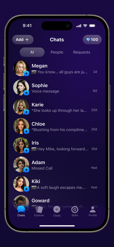 Interface of the ChaChat app showing a list of AI character chat conversations for fantasy roleplay.