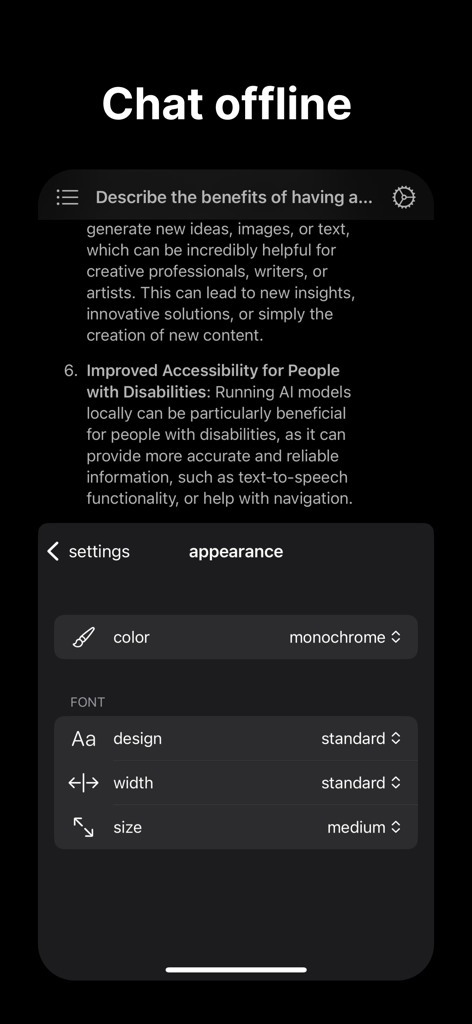 My Local AI - Screenshot of the My Local AI app showing appearance customization settings such as color, font design, width, and size over an offline chat interface.