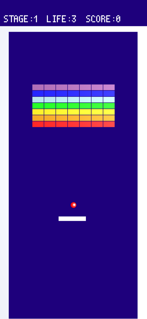 Breaking blocks in memory - Retro style brick breaker gameplay with rainbow blocks and a red ball