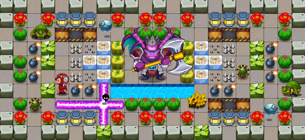 Bomber Classic- Bomberman - Bomber Classic gameplay showing a red hero facing a large purple boss monster in a grid arena
