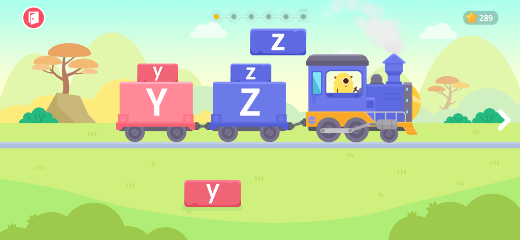 Ein Zeichentrickzug mit einem Monstrum-Lokführer, der Buchstabenblöcke in einem Lernspiel für Kleinkinder trägt.