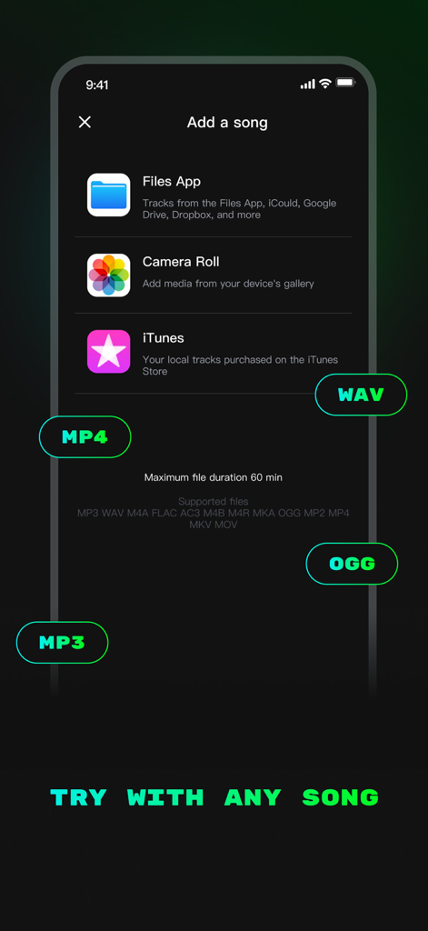 Vocal Remover by island - vocal remover 앱 화면이 파일, 카메라 롤 및 itunes에서 가져오기 옵션과 지원되는 오디오 형식을 보여줍니다.